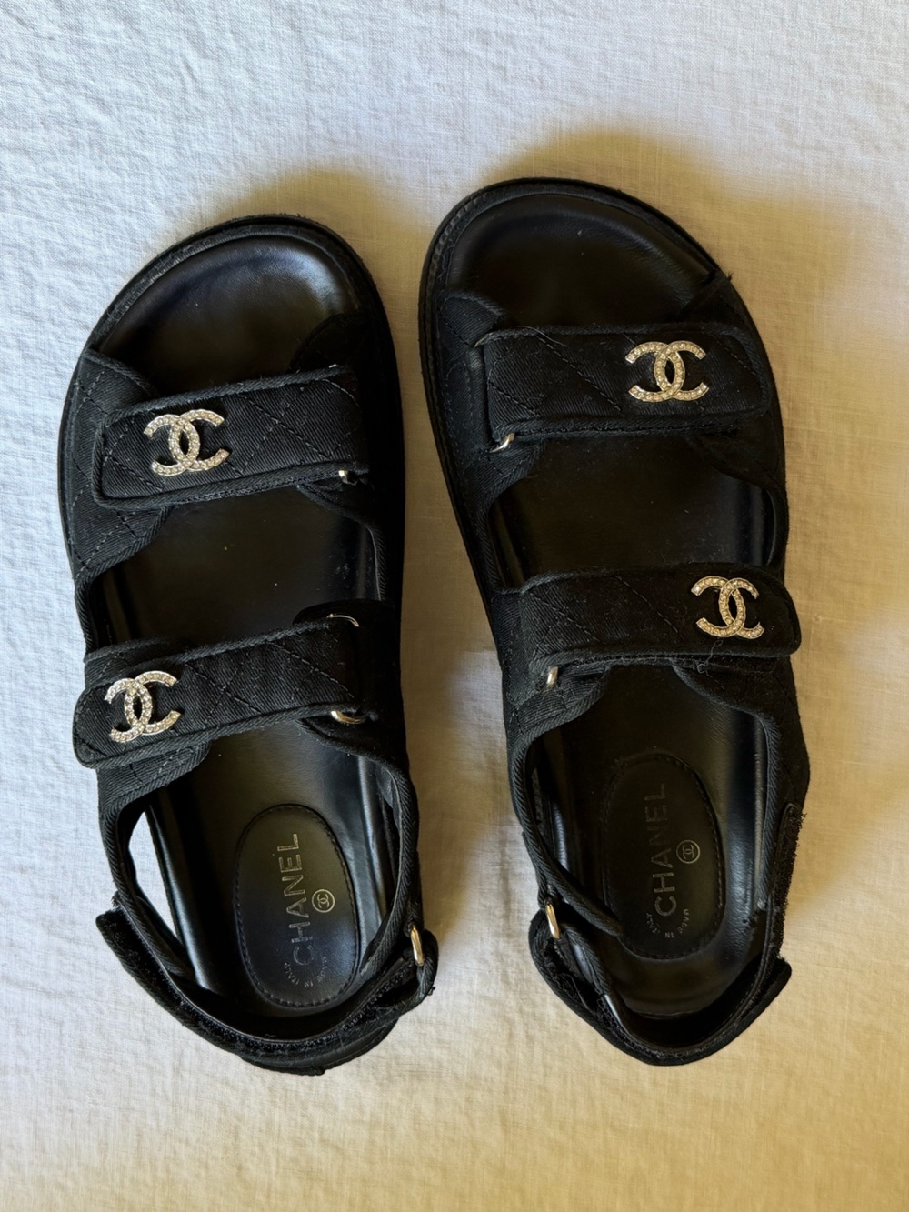 CHANEL Black Quilted Kids Logo Strap Sandals with Crystal CC